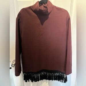 Zara Woman Maroon Long Sleeve Mock Neck Fringe Hem Shirt Women's Medium boho